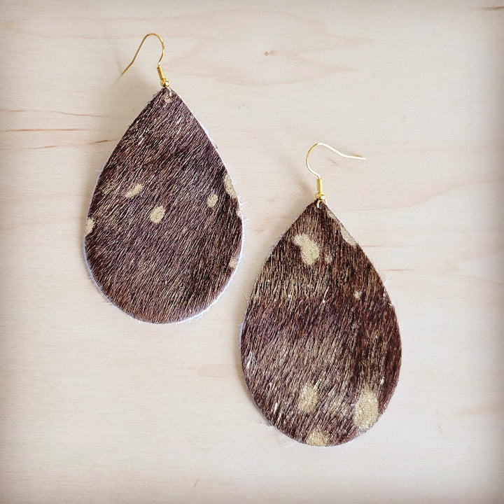 Cowhide teardrop earrings with speckled dark brown hide and gold-tone hooks