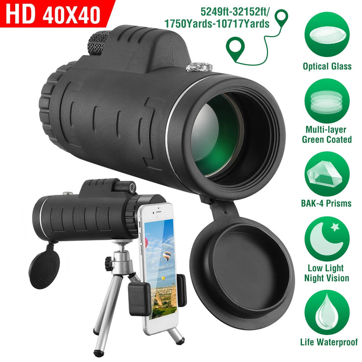 Black optical monocular telescope with tripod, phone holder, and front lens opening.