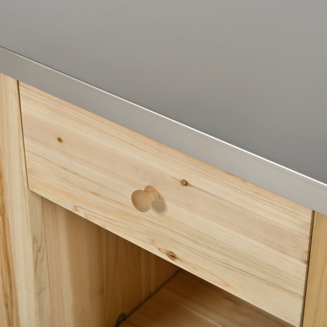 Fir Wood Kitchen Island with Stainless Steel Top