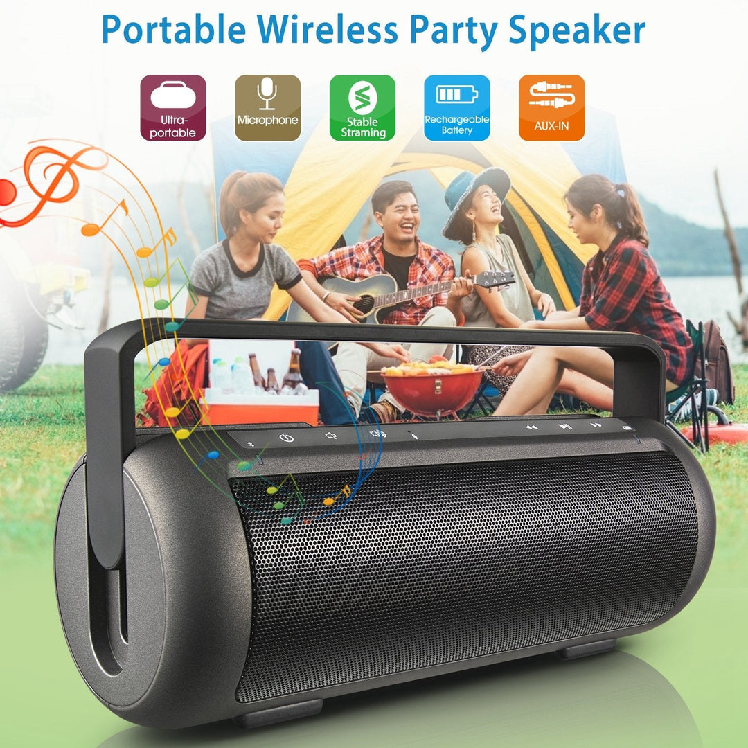 Portable wireless party speaker with front grille and top display window, dark gray.