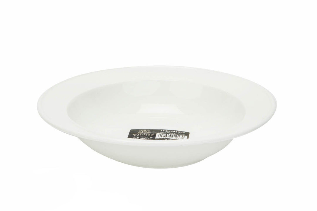 White round soup plate, shallow bowl, side view