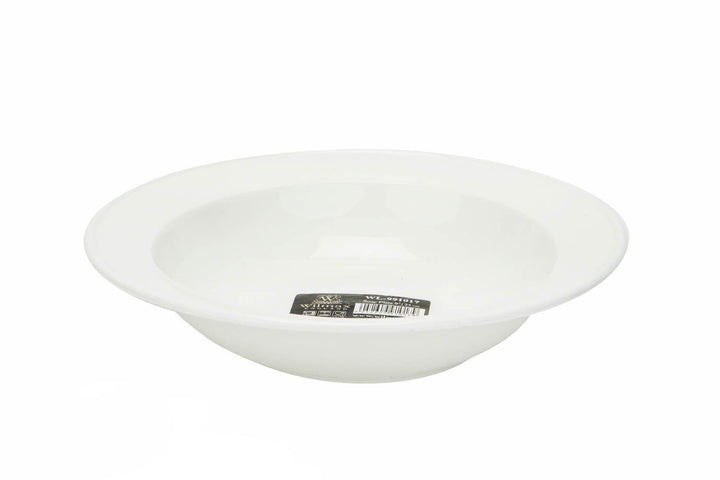 White round soup plate, shallow bowl, side view