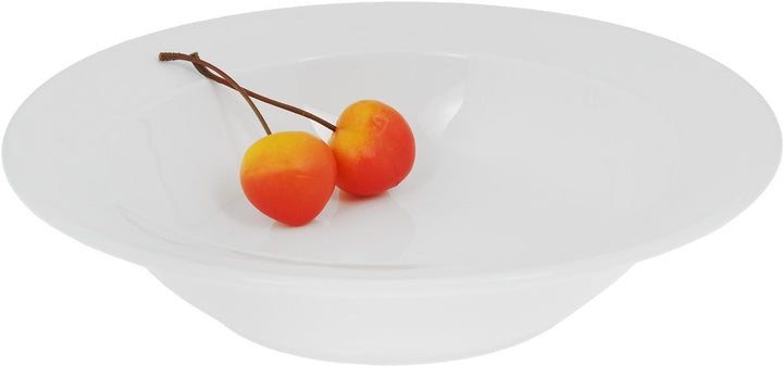 White soup plate holding cherries, round shallow bowl