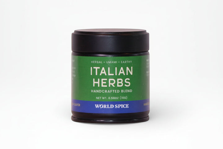 Italian Herbs jar with black lid, green label, and blue “World Spice” band