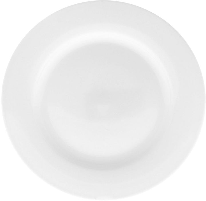 White 8-inch rolled-rim dessert plate, smooth round surface with shallow center.