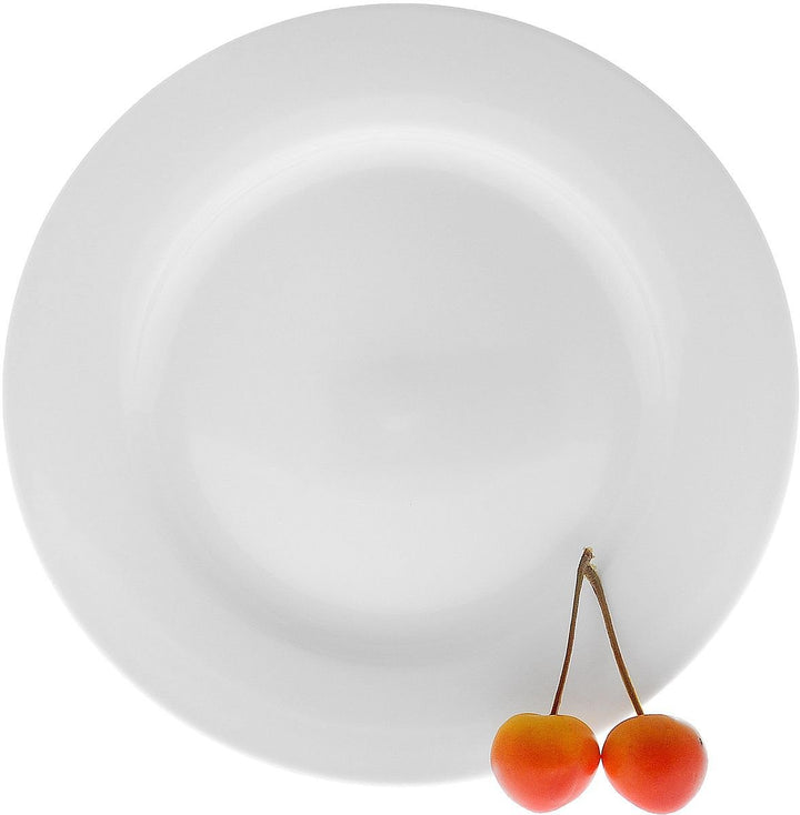 White 8-inch rolled-rim dessert plate back view, smooth round base.