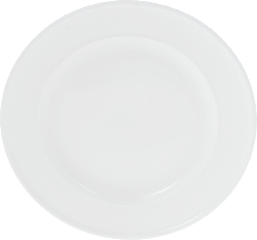 Set of 12 white 7-inch dessert plates, glossy white round plate close-up.