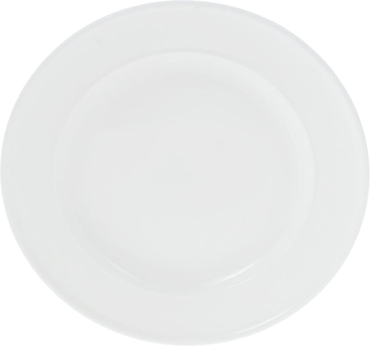 Set of 12 white 7-inch dessert plates, glossy white round plate close-up.