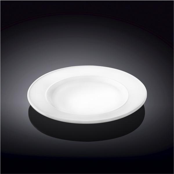 Set of 12 white 7-inch dessert plates, smooth round rim.