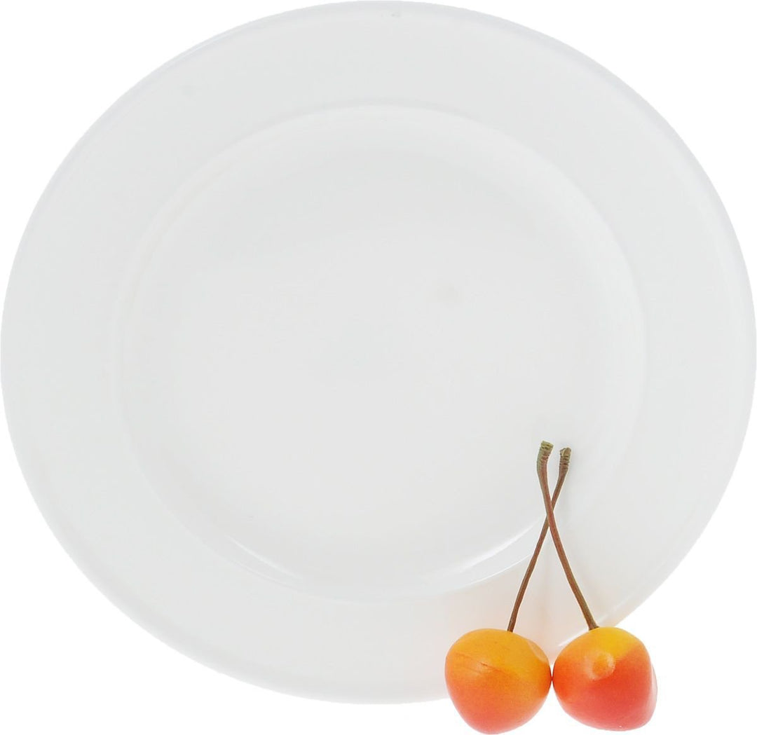 Set of 12 white 7-inch dessert plates, white round plate with cherries at edge.