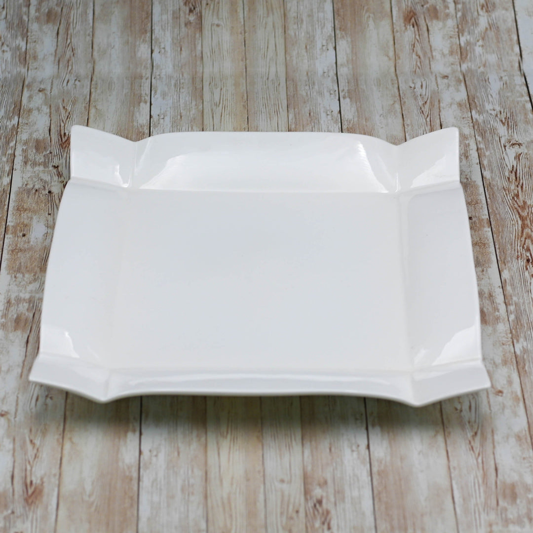 Set of 3 white square platters, 14-in, with raised rim and corner accents