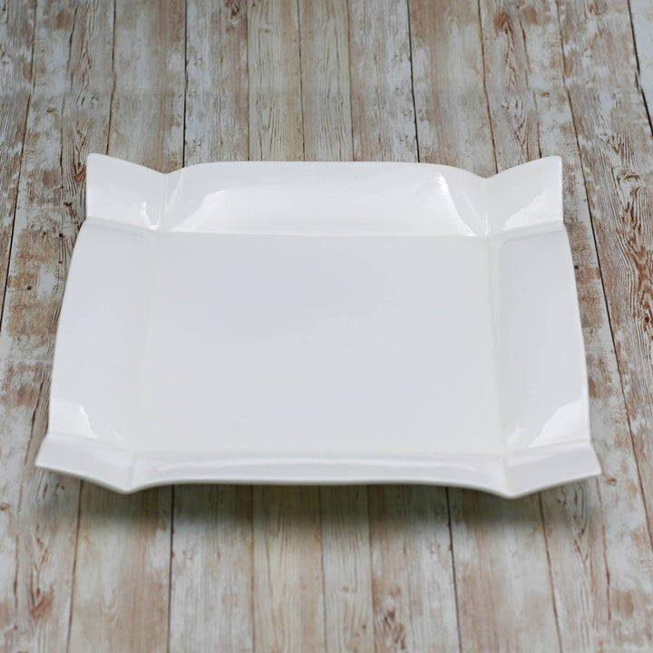 Set of 3 white square platters, 14-in, with raised rim and corner accents