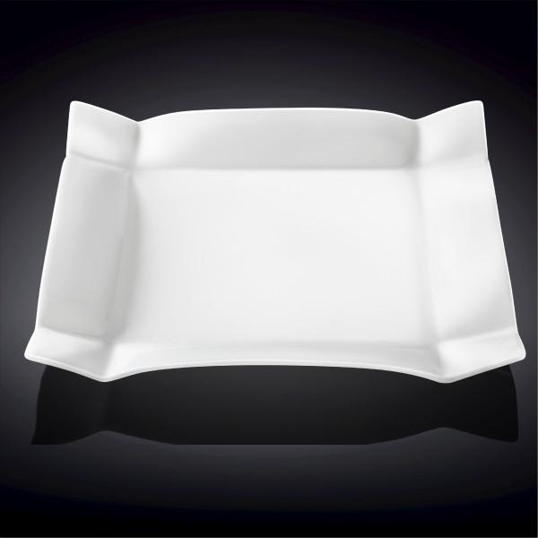 Set of 3 white square platters, 14-in, featuring wide rim and stepped corner design