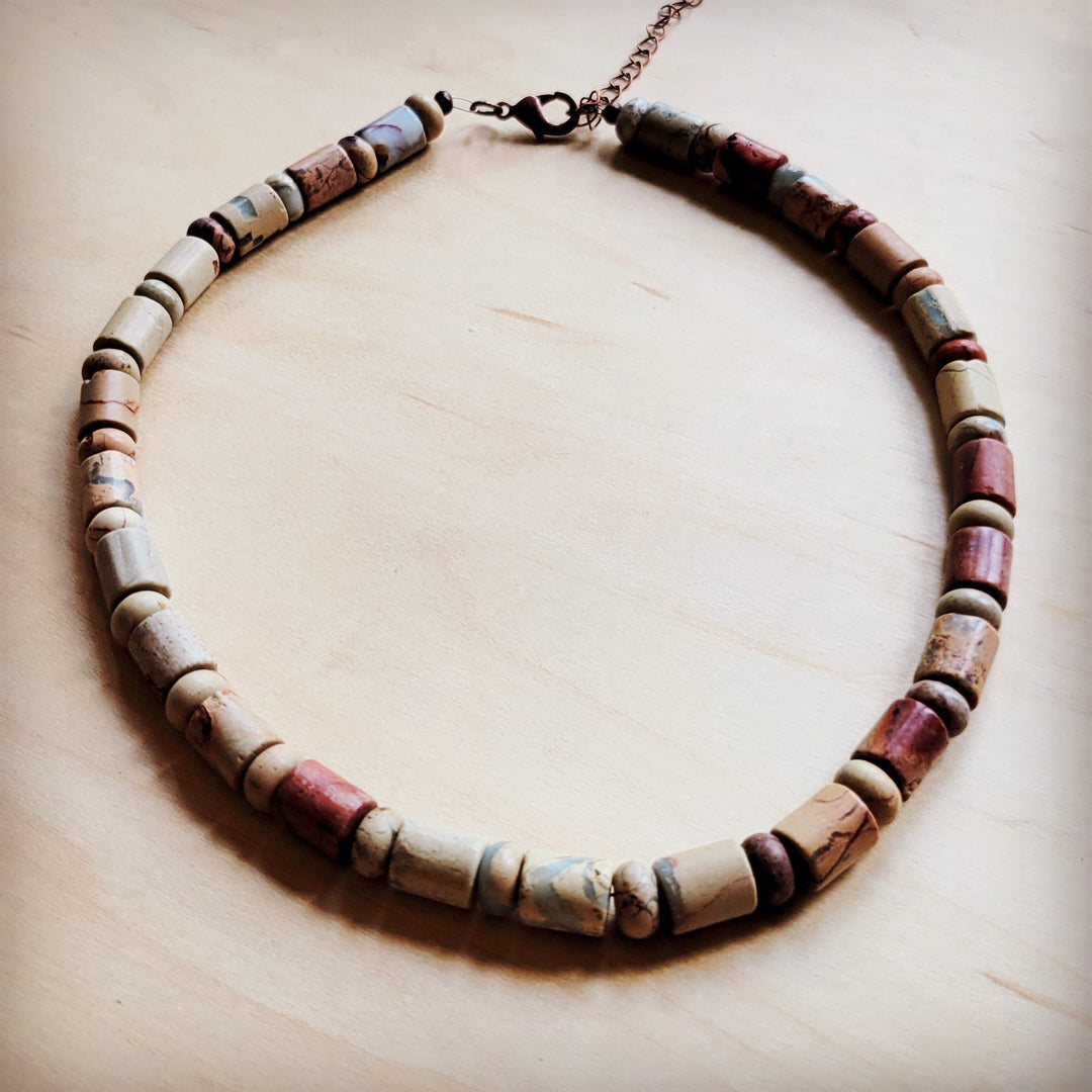 Multicolor barrel beaded collar necklace with copper chain and bead row