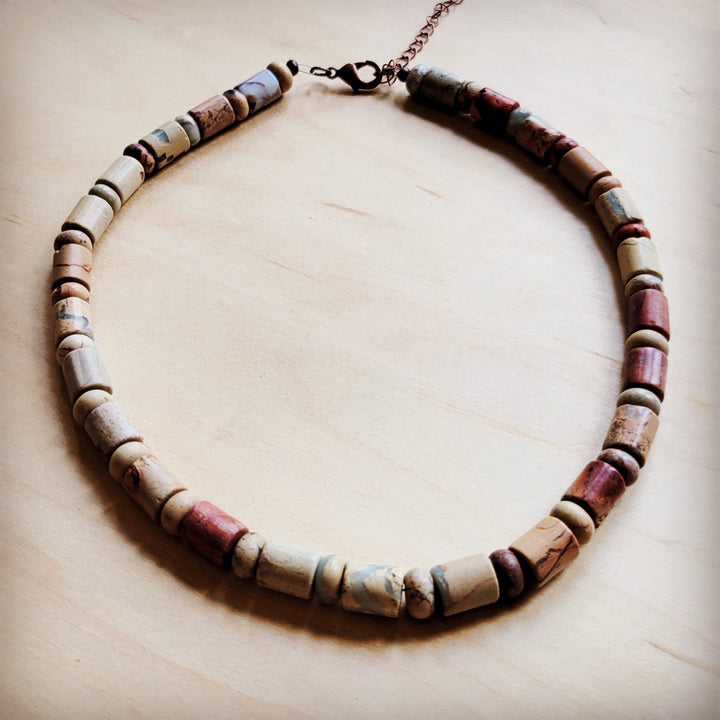 Multicolor barrel beaded collar necklace with copper chain and bead row