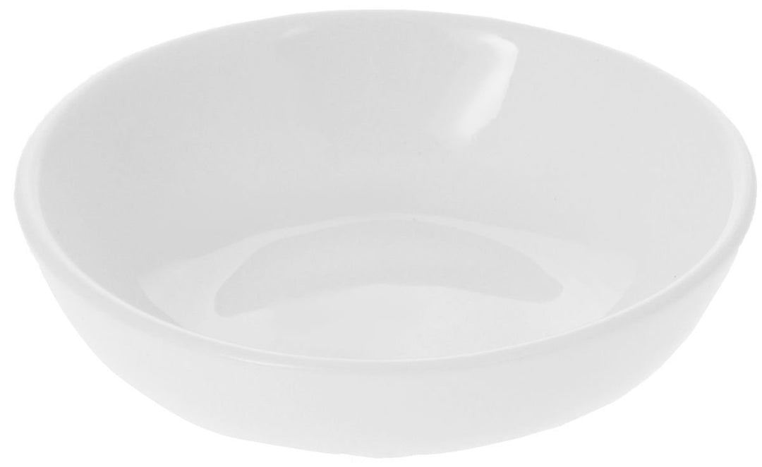 White round porcelain soy dish, shallow bowl with glossy finish