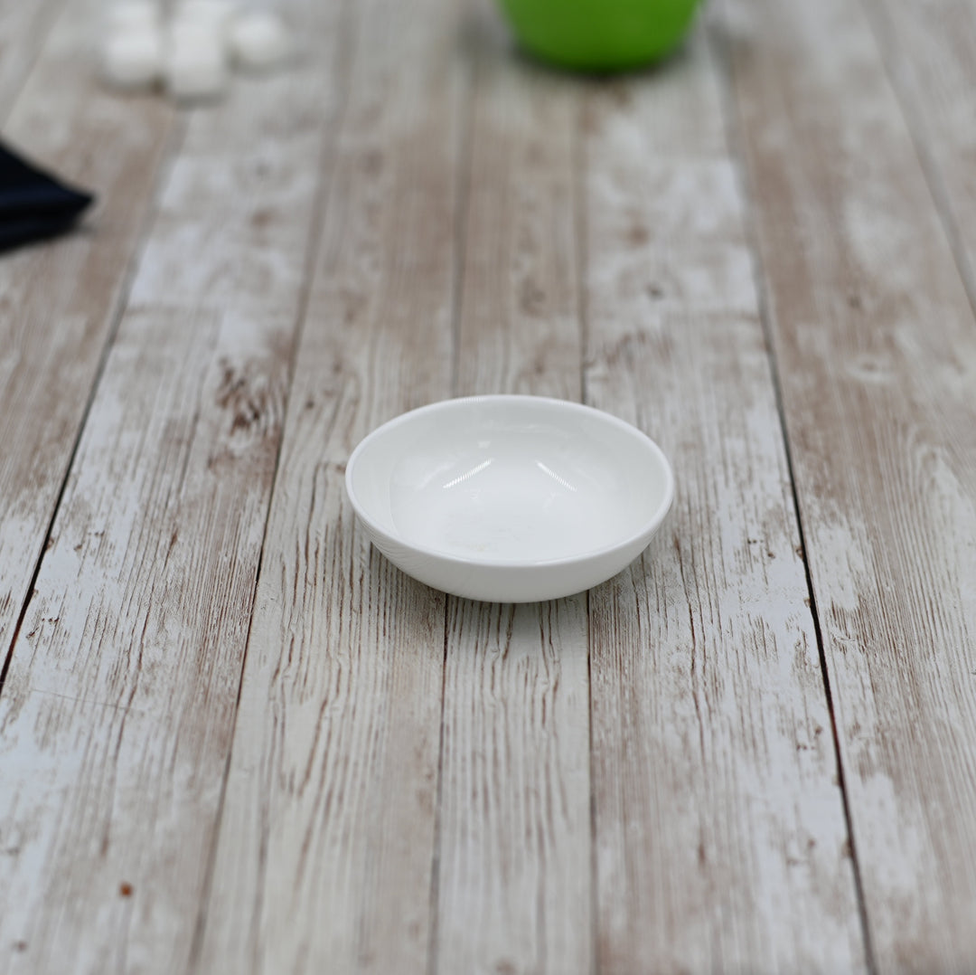Round white porcelain soy dish, 3 in shallow bowl