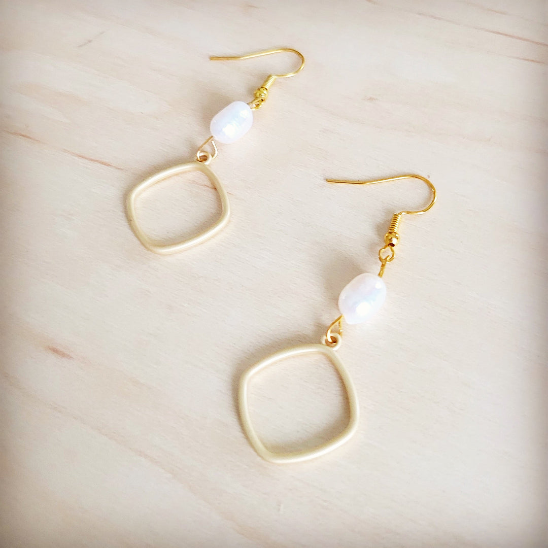 Matte gold freshwater pearl drop earrings with open square hoop dangles