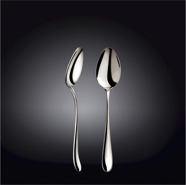Pair of polished stainless steel dessert spoons with curved handles