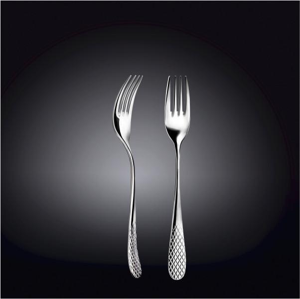 Pair of stainless dinner forks with textured, diamond-patterned handles