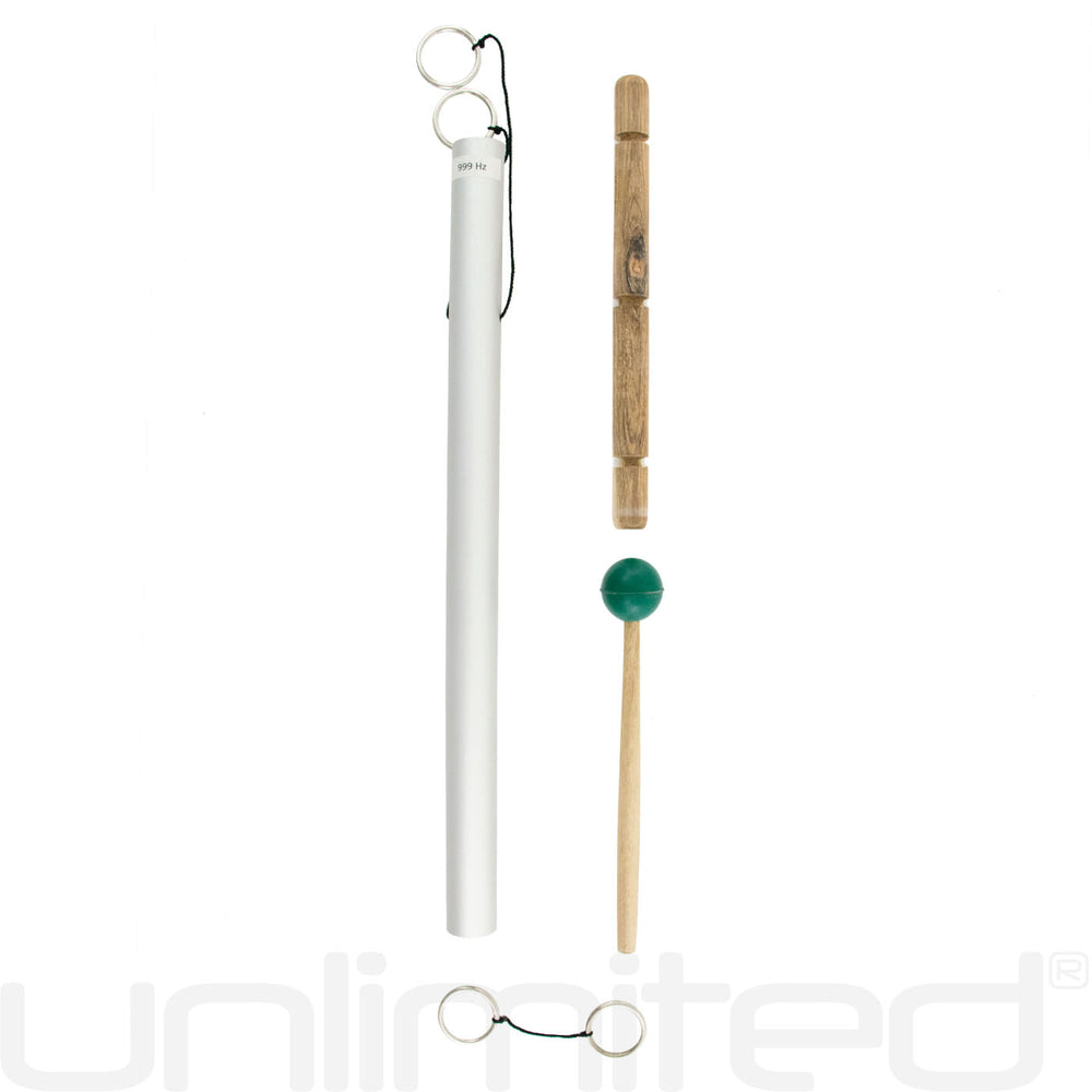 Tuned chime with white tube, wooden striker, and small green bead on cord loops.