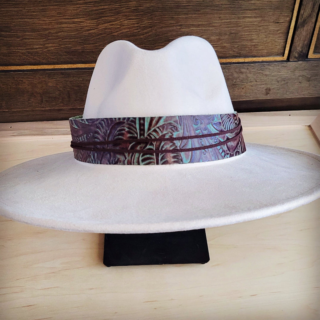 Wide genuine leather hat band with purple-blue floral print and tie ends at back