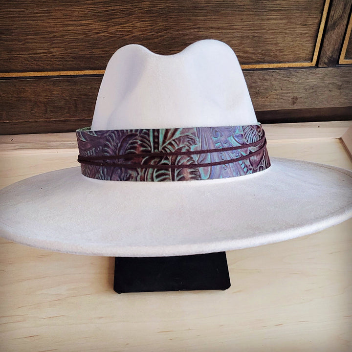 Wide genuine leather hat band with purple-blue floral print and tie ends at back