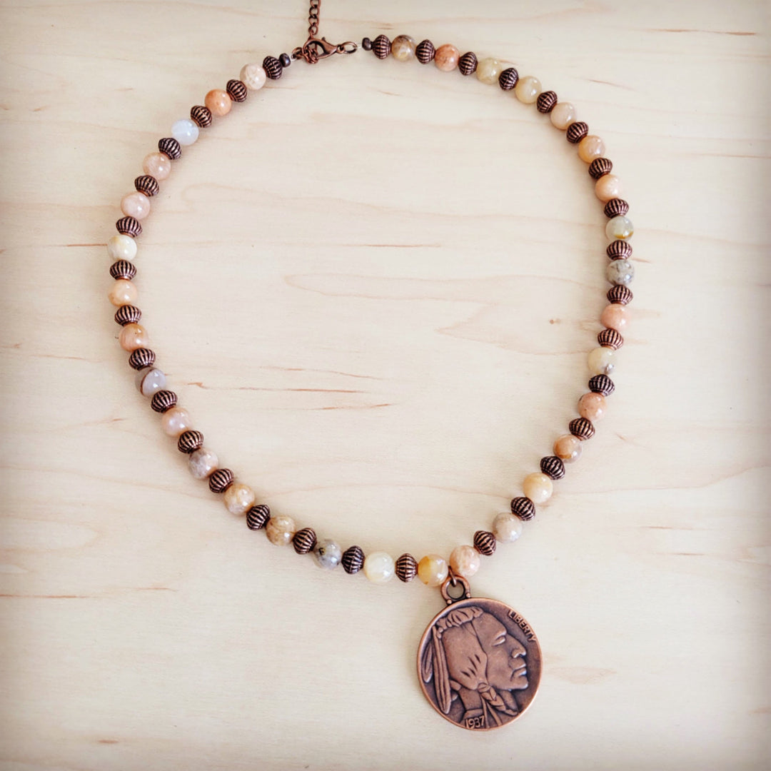 Agate beaded collar necklace with Indian head coin pendant and copper clasp