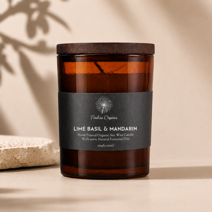 Amber glass soy wax candle in dark jar with Lime Basil &amp; Mandarin label