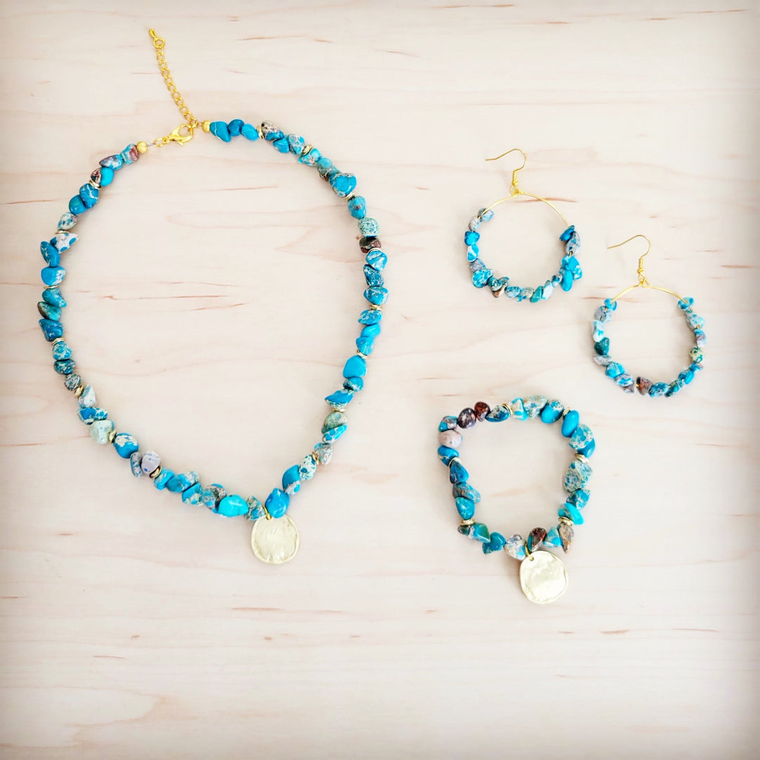 Turquoise beaded collar necklace with gold coin charm and matching hoop earrings