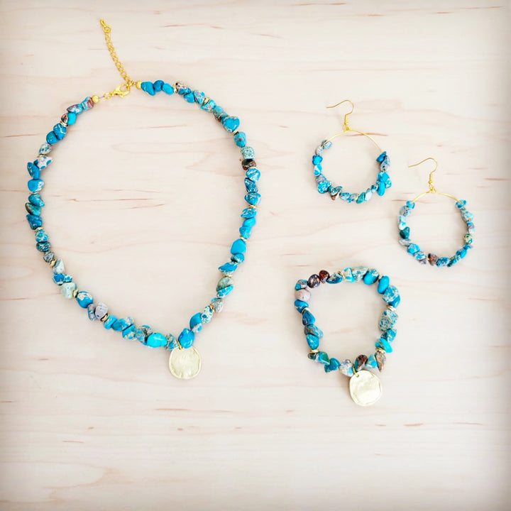 Turquoise beaded collar necklace with gold coin charm and matching hoop earrings