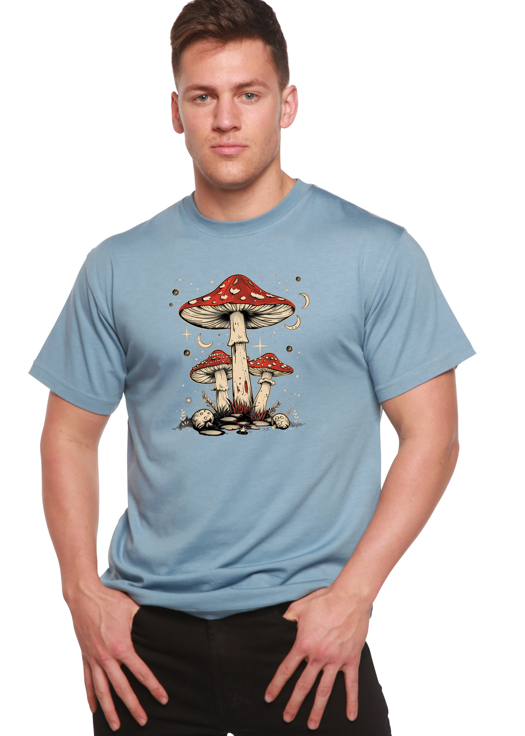Light blue unisex T-shirt with red-capped mushroom graphic on the front