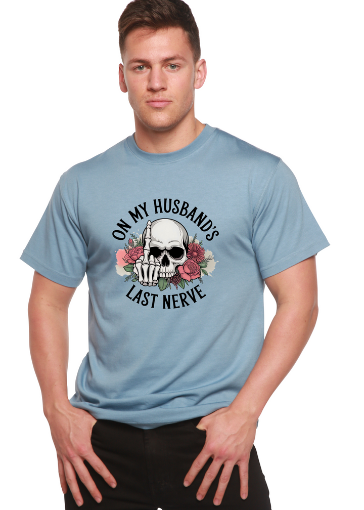 Light blue unisex graphic t-shirt with skull, roses, and &