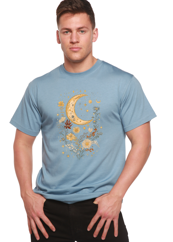 Unisex graphic T-shirt in light blue with gold crescent moon and floral print.
