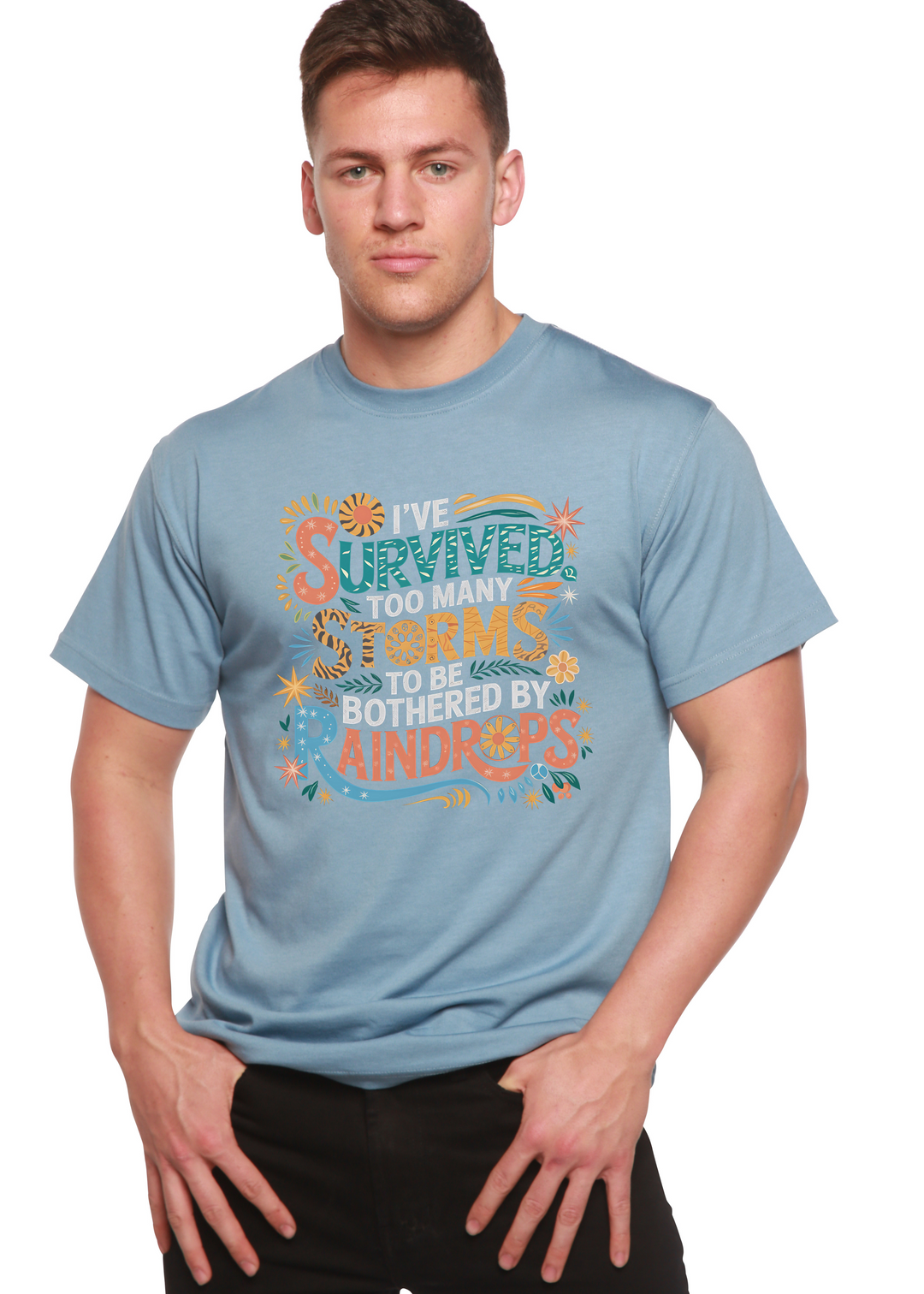 Unisex graphic t-shirt, light blue, colorful storm-themed front print.