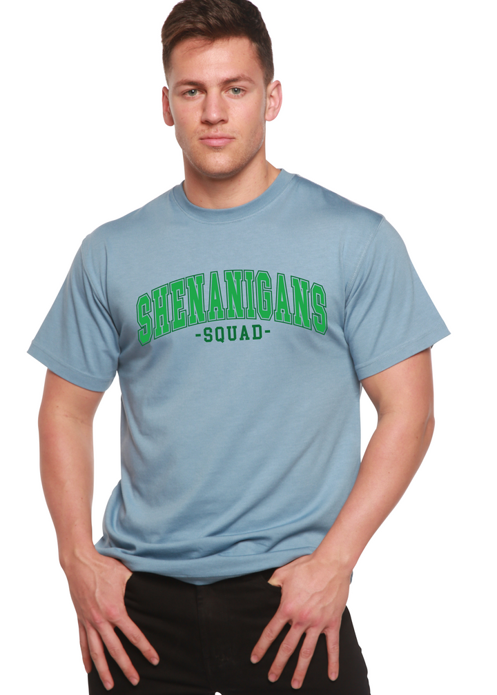 Unisex graphic T-shirt, light blue with green “Shenanigans Squad” logo on front.