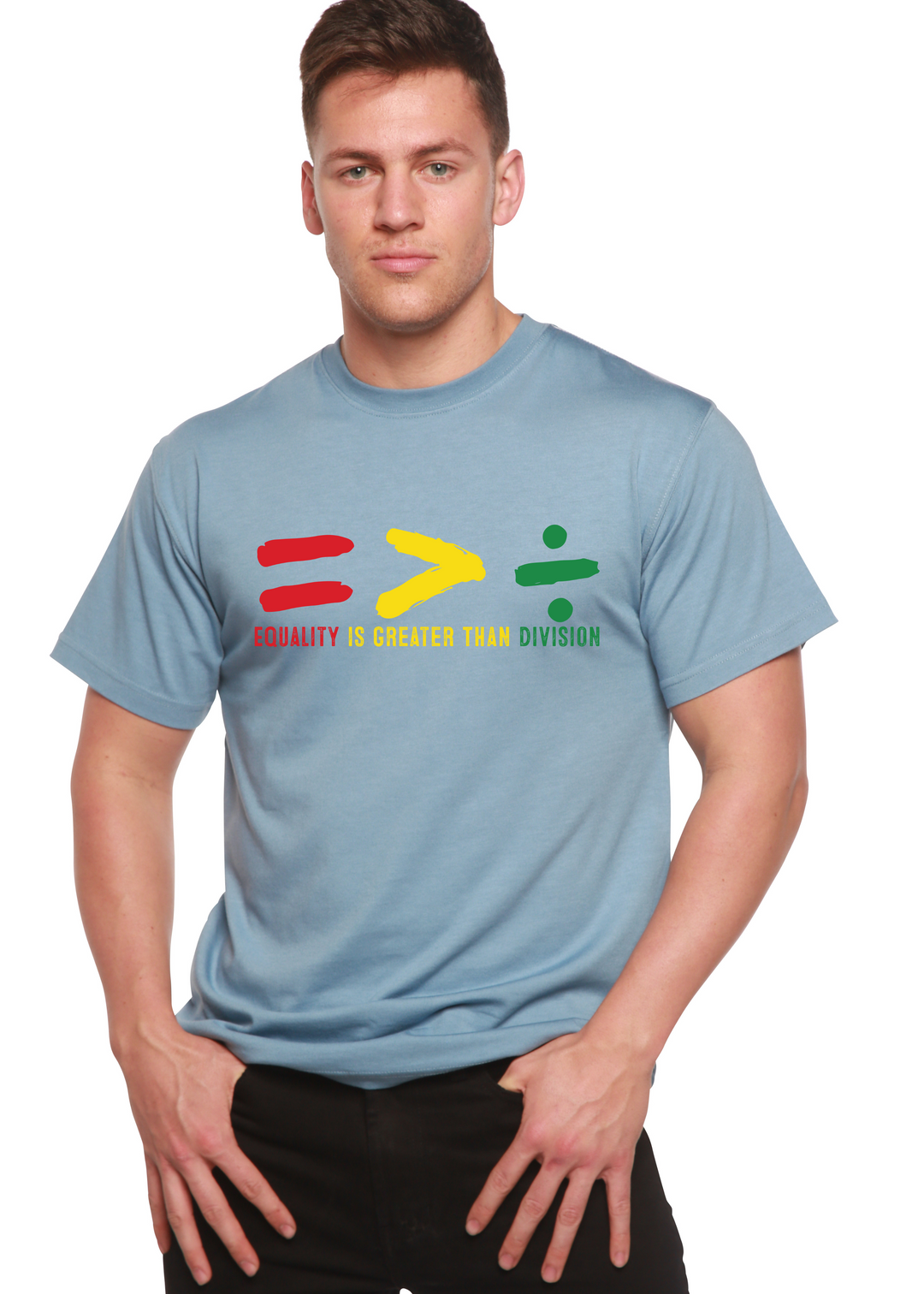 Light blue unisex crew-neck T-shirt with multicolor equality graphic and slogan.