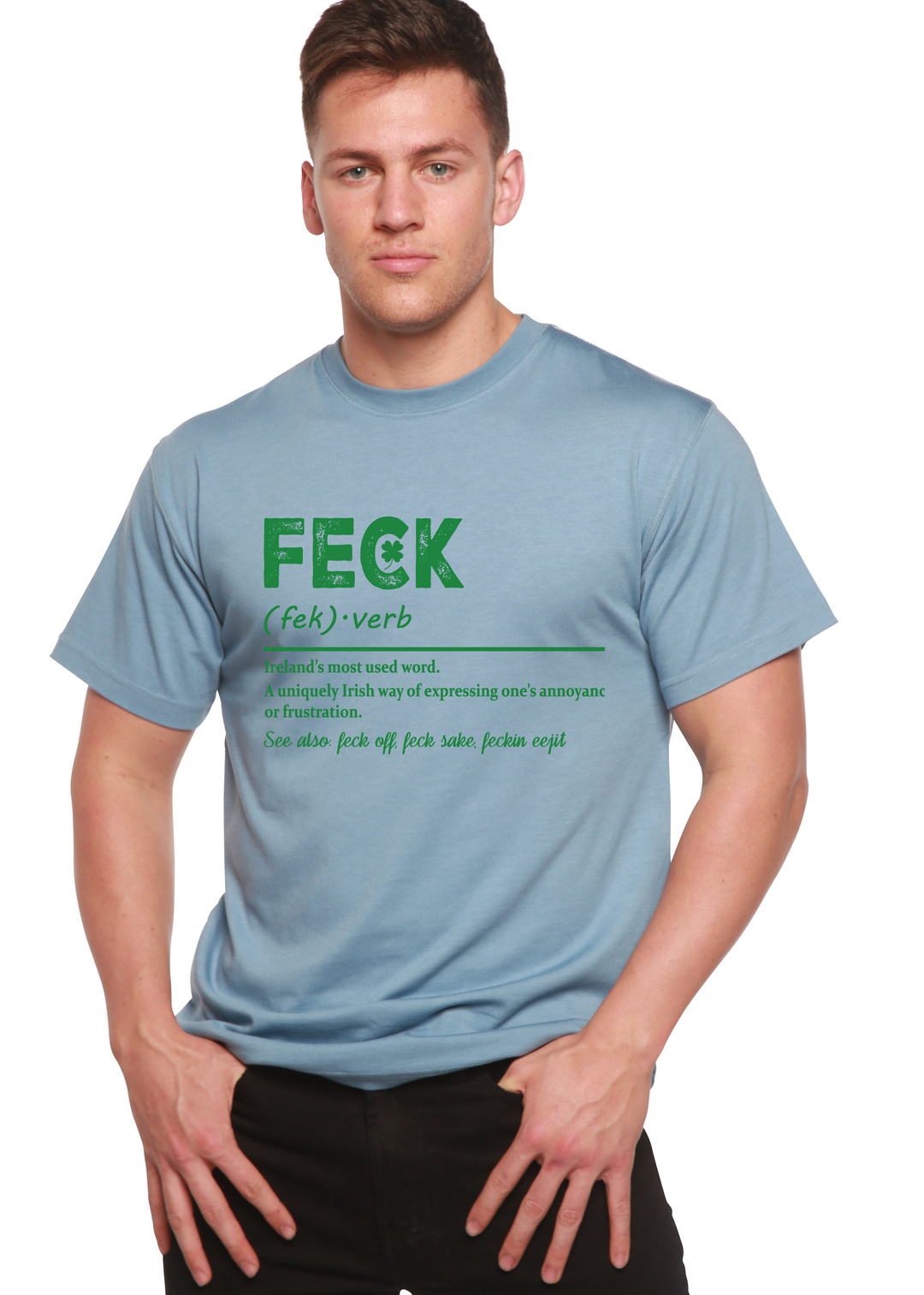 Steel blue graphic T-shirt with green "FECK" logo and definition text under the print