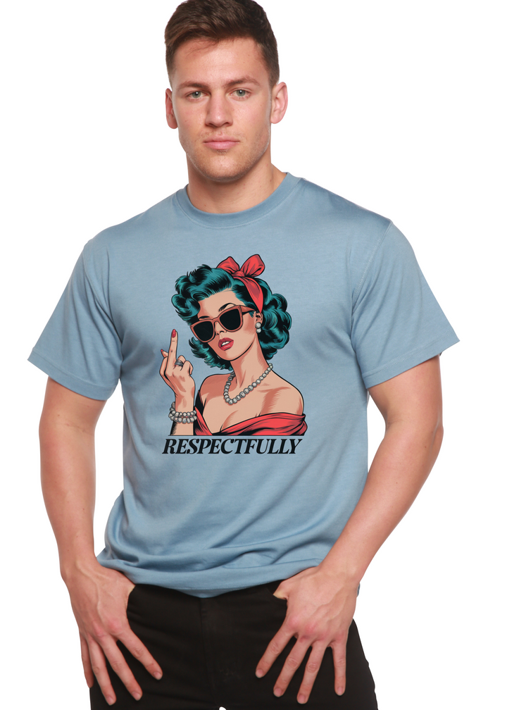 Unisex graphic T-shirt in light blue with illustrated woman and raised two-finger gesture