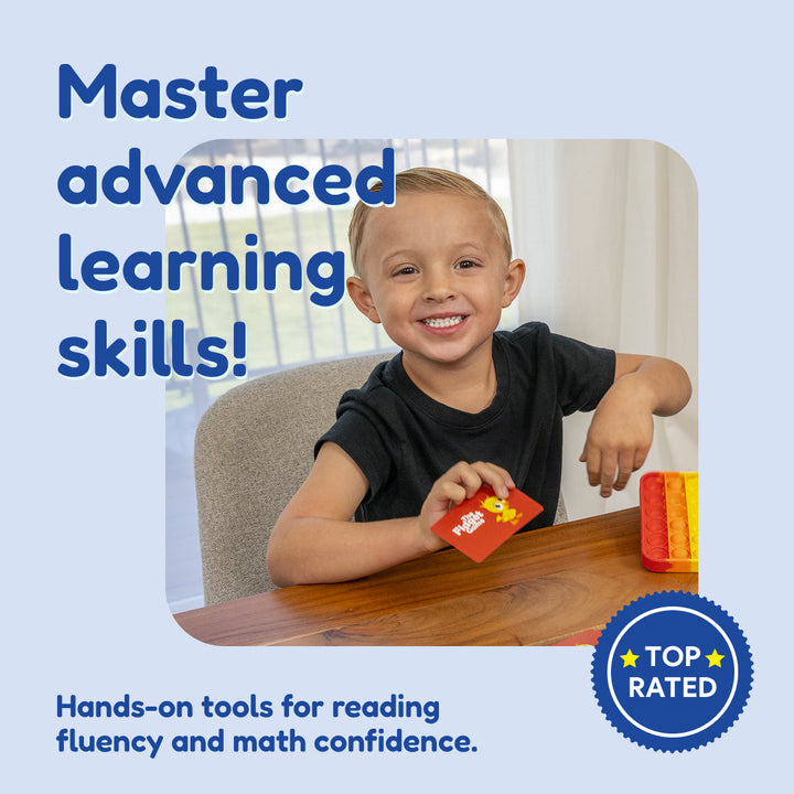 Top rated learning tools shown with smiling child holding a game piece