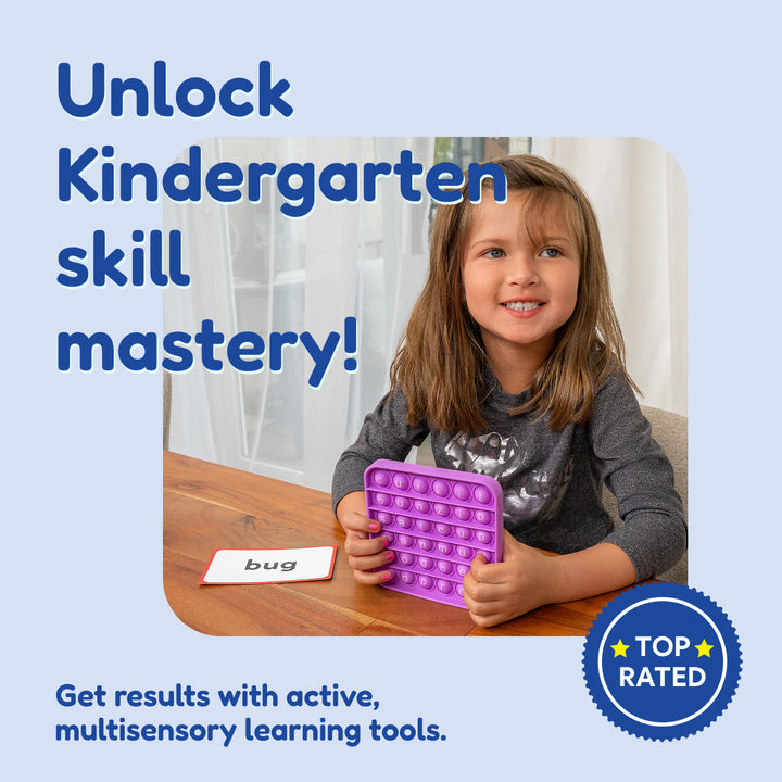 Child holding a purple fidget learning mat with a top-rated badge