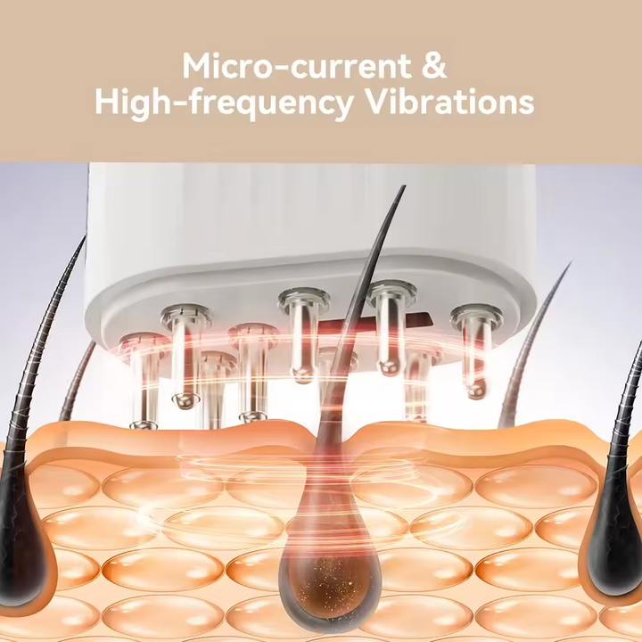 Electric scalp massager dispensing tips above scalp with micro-vibration effect