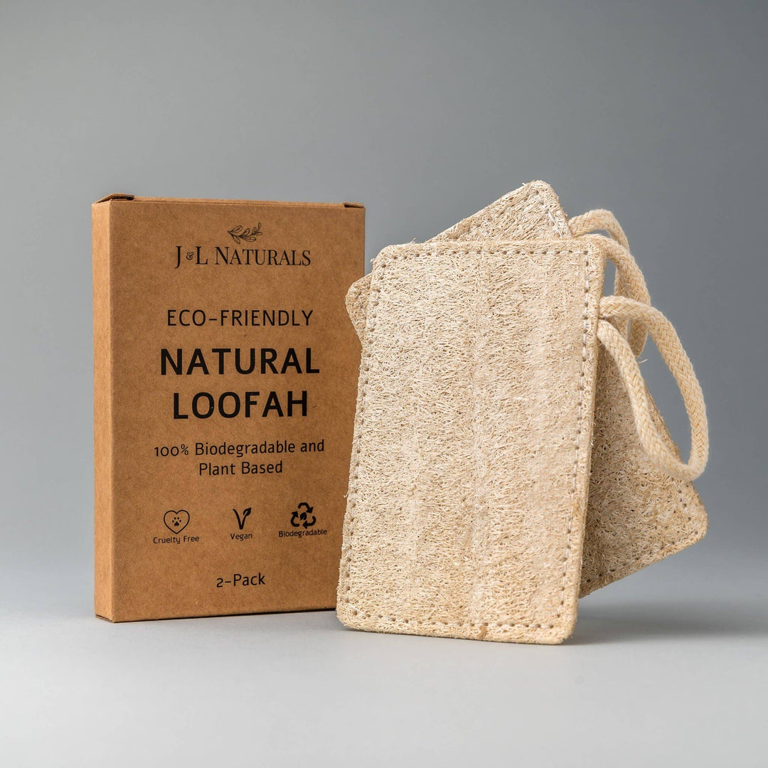 Natural loofah pad 2-pack with kraft box and tan-beige rectangular scrub pads