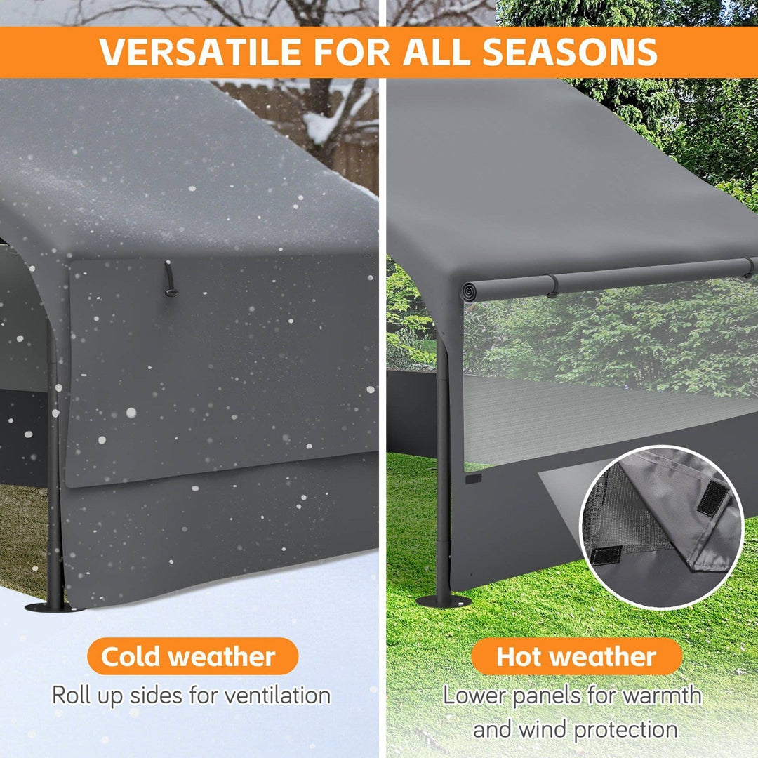 Outdoor dog house tent with roll-up sides for ventilation and weather protection