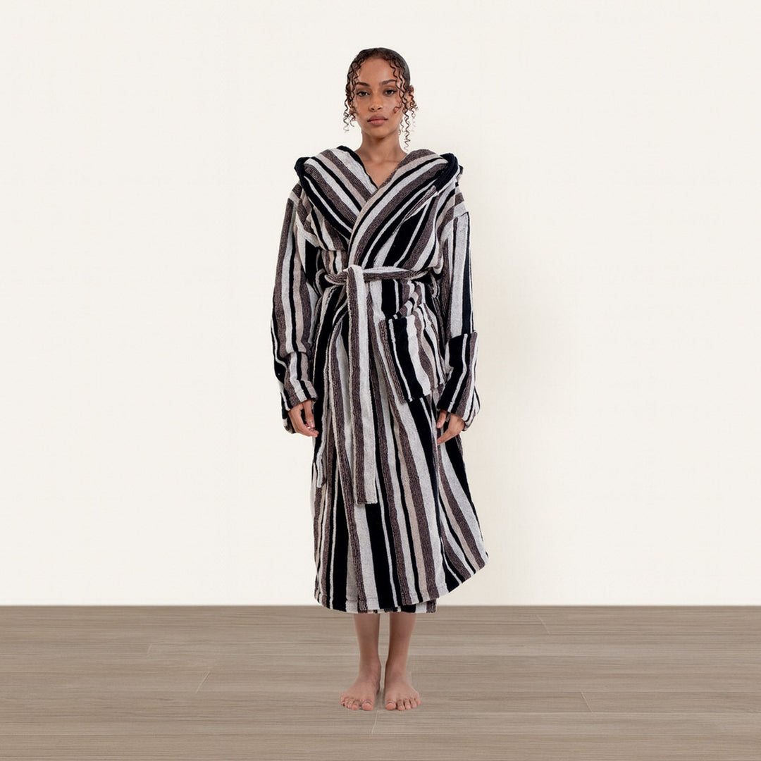 Black-and-white striped unisex bathrobe with hood and belt, mid-calf length