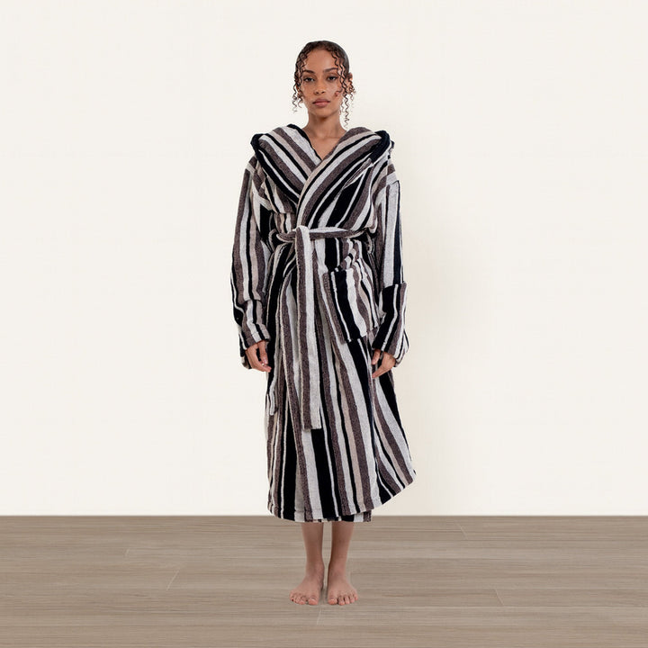 Black-and-white striped unisex bathrobe with hood and belt, mid-calf length