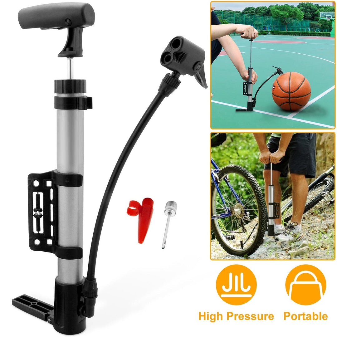 Portable mini bike tire inflator pump with mounting bracket and hose connector
