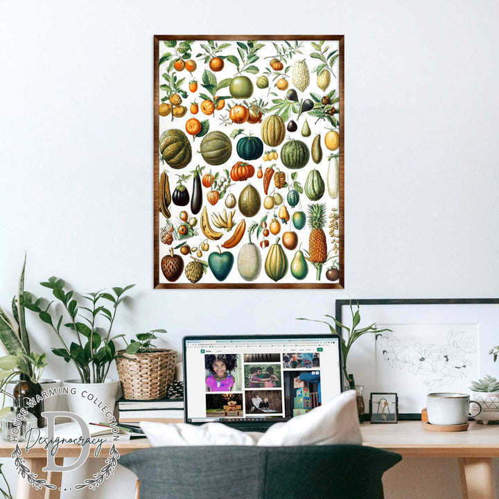 Square framed fruit-themed wooden kids poster showing colorful illustrated fruit and leaves