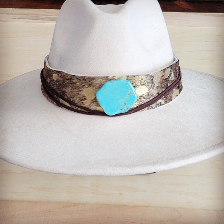 White felt hat with wide cowhide leather band and turquoise stone centerpiece