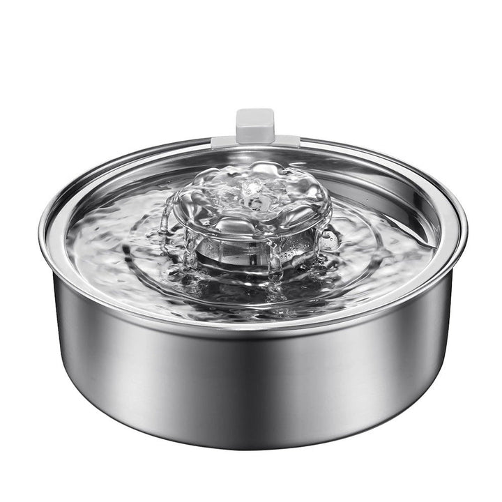 Stainless steel pet water dispenser with circular fountain top and water recirculation